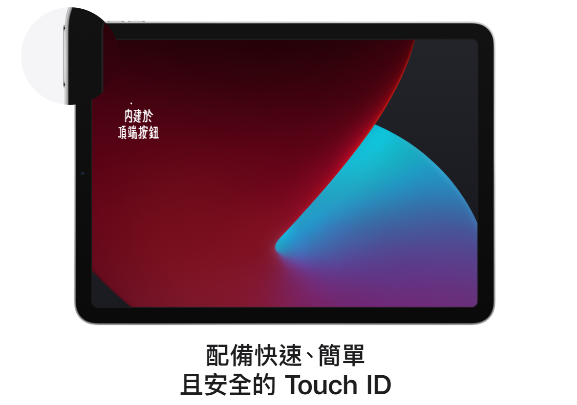 iPad Air維持Touch ID的設計，並將指紋辨識功能移至電源鍵上頭